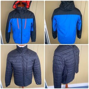 Xersion men S water resistant double coat ski jacket with cinch hood blue black